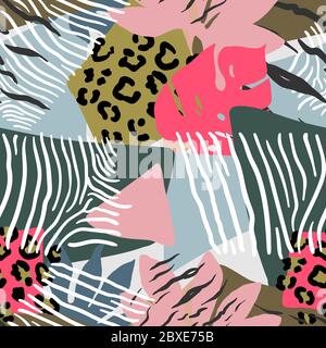Bright, multi-color seamless patterns with elements of tropical leaves, animal elements. Figure skin leopard, tiger, zebra. Modern abstract collage. Stock Vector
