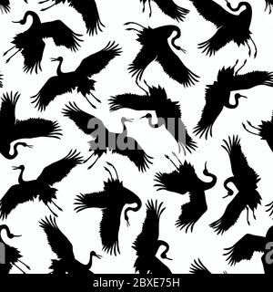 Black silhouettes of flying storks on a white background, seamless pattern Stock Vector