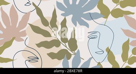 Muted, beige and brown seamless pattern with abstract tropical leaves and one line faces. Stock Vector