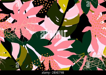 Bright, multi-color seamless pattern with elements of tropical leaves. Modern abstract collage. Stock Vector