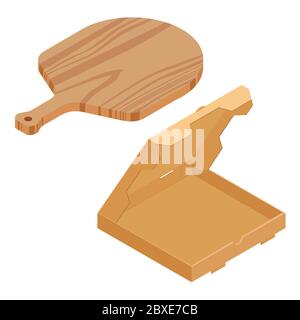 Wooden pizza board and cardboard box isometric view isolated on white background Stock Vector