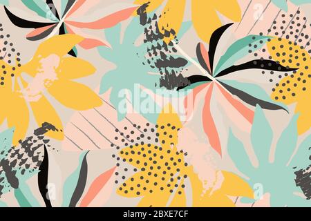 Bright, multi-color seamless pattern with elements of tropical leaves. Modern abstract collage. Stock Vector