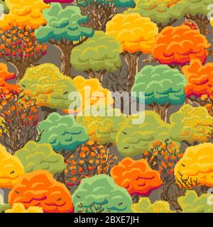 8bit, arcade style, pixel seamless pattern with autumn trees. Leaf fall, colored crowns of trees. Stock Vector