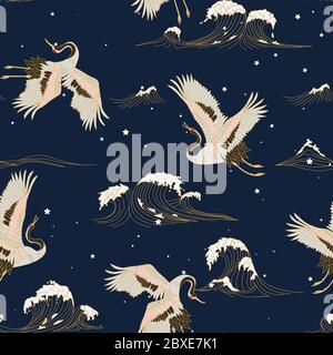 seamless pattern with white japanese cranes on a background of night dark sky with stars and sea waves. Stock Vector
