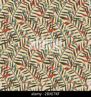 Seamless pattern of small branches with yellow flowers. Tiny geometric flowers and tropical leaves on a background. Repeating ornament in delicate Stock Vector