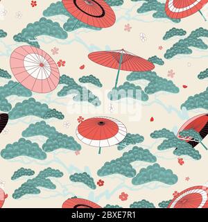 Oriental seamless pattern with japanese umbrellas and bonsai. Asian print, Chinese motifs, beautiful background. Stock Vector