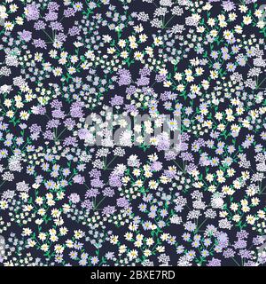 Seamless pattern with small, tiny wildflowers on an dark blue background. Stock Vector