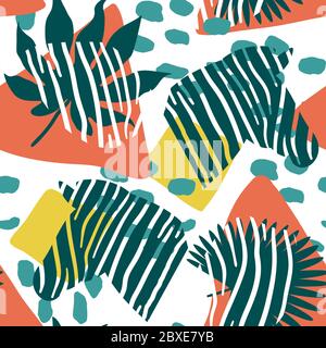 Bright, multi-color seamless pattern with elements of tropical leaves, animal elements. Figure skin leopard, tiger, zebra. Modern abstract collage. Stock Vector