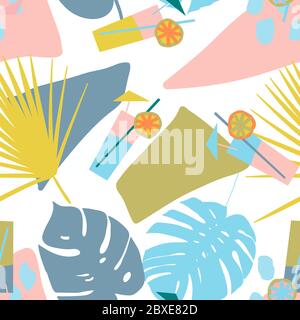 Bright, juicy seamless pattern of abstract shapes, fruits, citrus lemons, oranges and anans. Bright modern colors of tropical background. Stock Vector