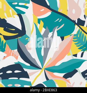 Bright, multi-color seamless pattern with elements of tropical leaves, abstract elements. Modern abstract collage. Stock Vector