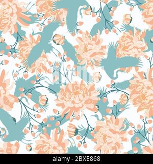 Japanese pattern. Seamless vector ornament with traditional motives. Japanese pattern with storks and chrysanthemum. Stock Vector