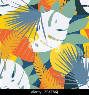 Bright, multi-color seamless pattern with elements of tropical leaves, abstract elements. Modern abstract collage. Stock Vector