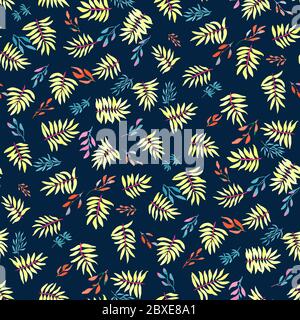 Bright, juicy, multi-colored tropical seamless pattern with plant leaves, made in watercolor style. Botanical, environmental background with different Stock Vector