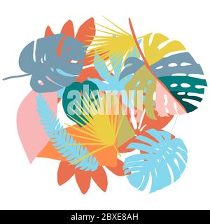 Bright and juicy background with abstract shapes, tropical leaves of vibrant colors. Modern collage Stock Vector