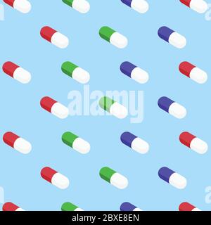 Capsule pills seamless pattern on blue background Stock Vector