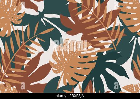 brown seamless pattern of autumn flowers with tropical leaves. Stock Vector