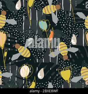 Dark seamless pattern with bees, honey drops and tulip flowers. Stock Vector