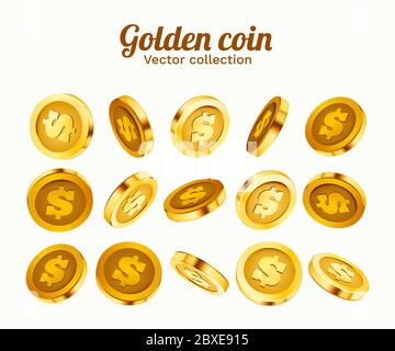 3D Set of rotation coins at different angles. Set of spinning gold ...