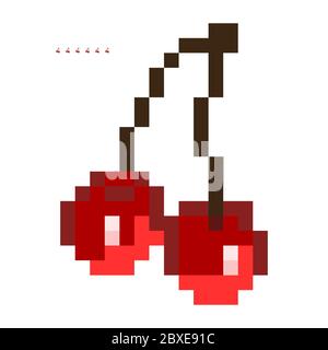 Minimalistic pixel graphic symbol of cherry. Art vector object isolated. Game 8 bit style. Stock Vector