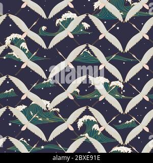 seamless pattern with white japanese cranes on a background of night dark sky with stars and sea waves. Stock Vector