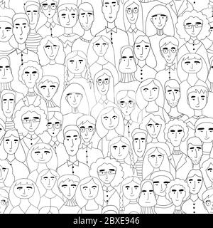 Black and white coloring book for kids. A lot of people, different faces and hairstyles. Cartoon men and women drawn by doodle hands. Stock Vector