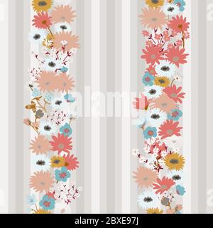 Seamless pattern of pastel flowers with wildflowers on a striped background. Stock Vector