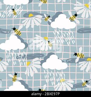 Cute cartoon seamless pattern with bees and daisies on a background of white little clouds and rain. Golubov checkered background with rainy weather Stock Vector