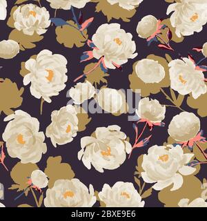 Dark seamless pattern with peonies made in the style of watercolor painting. Large bouquets with peonies, floral spring, summer pattern. For weddings Stock Vector