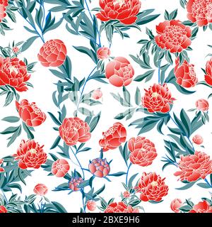 Beautiful seamless pattern with peonies, oriental floral ornament for fabric, tile, paper. Autumn pink flowers Stock Vector