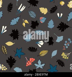 Autumn seamless pattern, September colored leaves, rose hip, berries and tree seeds are randomly located on a dark background. October background Stock Vector