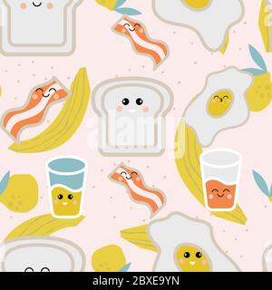 Kawaii seamless pattern with cute breakfast. Background with products, egg, bacon, bread, a glass of juice, banana and citrus. Delicate colors, smiles Stock Vector