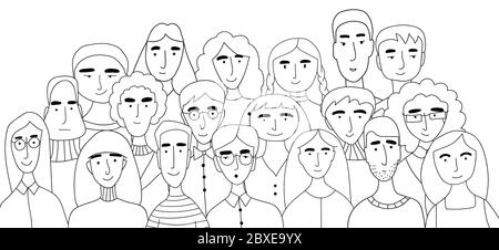 Group photo of a large family. A group of painted faces collected in one place. Great campaign of friends, school photo. Coloring book for kids Stock Vector