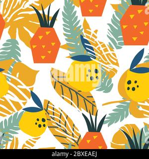Bright, juicy seamless pattern of abstract shapes, fruits, citrus lemons, oranges and anans. Bright modern colors of tropical background. Stock Vector