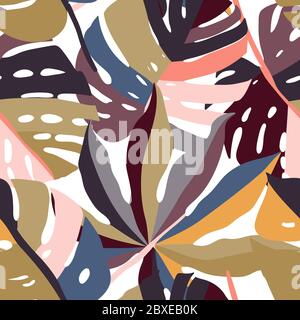 Bright, multi-color seamless pattern with elements of tropical leaves, abstract elements. Modern abstract collage. Stock Vector