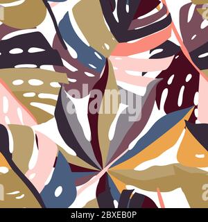 Bright, multi-color seamless pattern with elements of tropical leaves, abstract elements. Modern abstract collage. Stock Vector