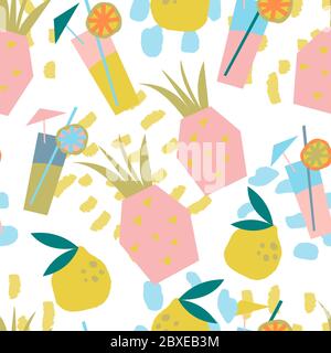 Bright, juicy seamless pattern of abstract shapes, fruits, citrus lemons, oranges and anans. Bright modern colors of tropical background. Stock Vector