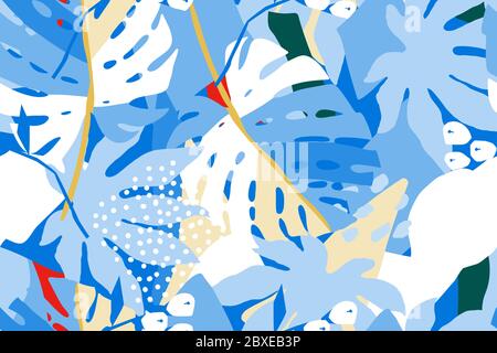 Bright, multi-color seamless pattern with elements of tropical leaves. Modern abstract collage. Stock Vector