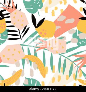 Bright, juicy seamless pattern of abstract shapes, fruits, citrus lemons, oranges and anans. Bright modern colors of tropical background. Stock Vector