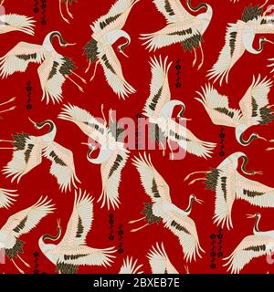 Japanese japanese stork or pattern. Oriental - japanese - seamless pattern. Crane, stork, heron. Flying heron bird. Red background Stock Vector