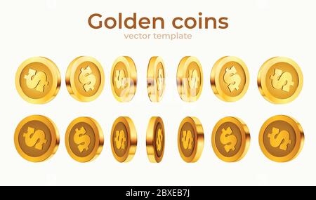 3D Set of rotation coins at different angles. Set of spinning gold ...