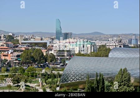 Tbilisi: Music Theater and Exhibition Center, Rike Park and city skyline. Republic of Georgia Stock Photo