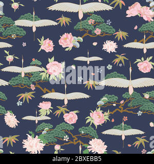 Seamless pattern with white japanese cranes, bonsai trees and pink peonies on a blue background. Stock Vector