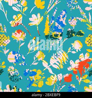 Seamless pattern with colorful flowers and leaves. Peonies, wildflowers, poppies. Abstract floral spring, summer pattern. Bright, juicy background for Stock Vector