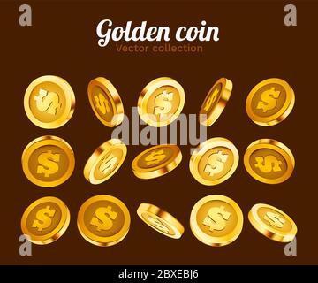 3D Set of rotation coins at different angles. Set of spinning gold ...