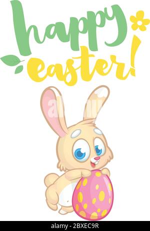 Happy Easter lettering card with cartoon bunny rabbit. Hand drawn lettering poster for Easter. Modern calligraphy vector Stock Vector