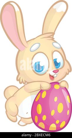 Easter Bunny rabbit holding a pink egg and smiling. Vector cartoon Stock Vector