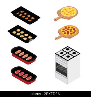 Set of various plates, forms of food and kitchen stove isolated on white background. Pizza, meat, fish and cookies. For restaurants menu design. Isome Stock Vector