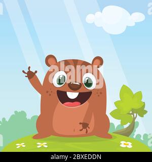 Funny cartoon groundhog marmot waving on spring forest background with a grass flowers and tree. Happy groundhog day. Vector illustration Stock Vector