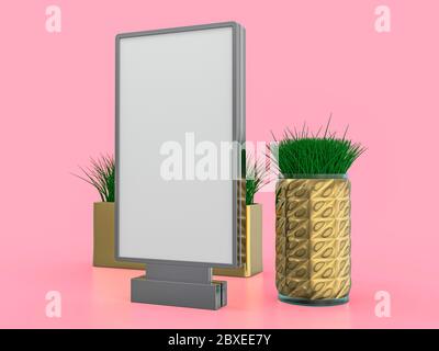 Digital media blank white screen panel mockup on pink background. 3D rendering Stock Photo