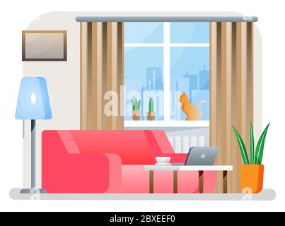 Interior of modern living room. Sofa, plant, desk with laptop, lamp. Cat sitting on window with curtains. Home decor in minimalistic design. Flat style vector Stock Vector